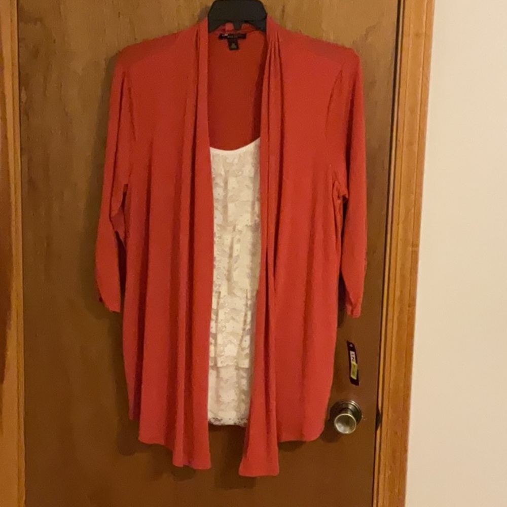 Orange/Salmon cardigan with white lace cami sewn in. I.N. studio brand. Size 3X